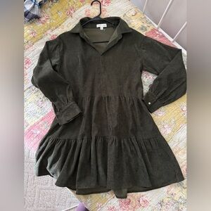 She + Sky Olive Corduroy tiered long sleeveDress